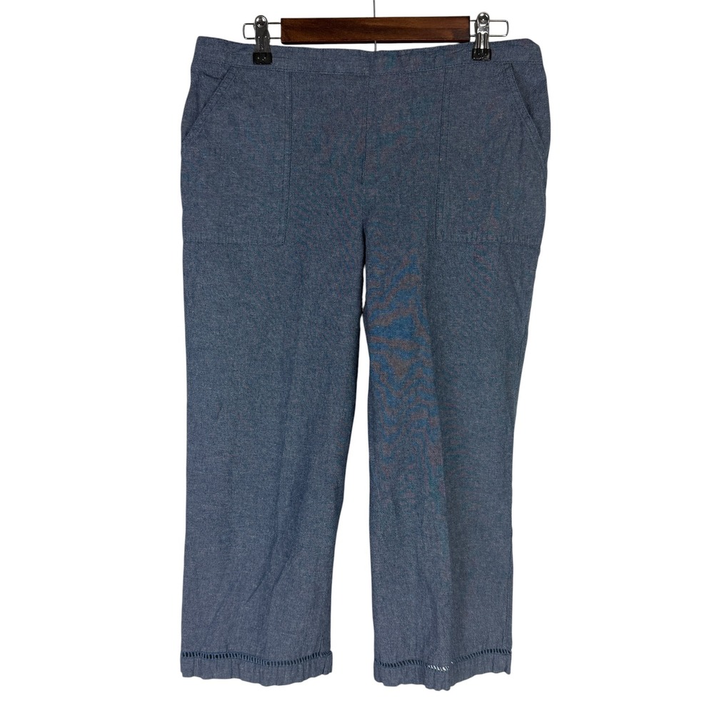 Alfred Dunner Women's 16P Blue Cropped Pants Ladder Lace Hem Linen Blend